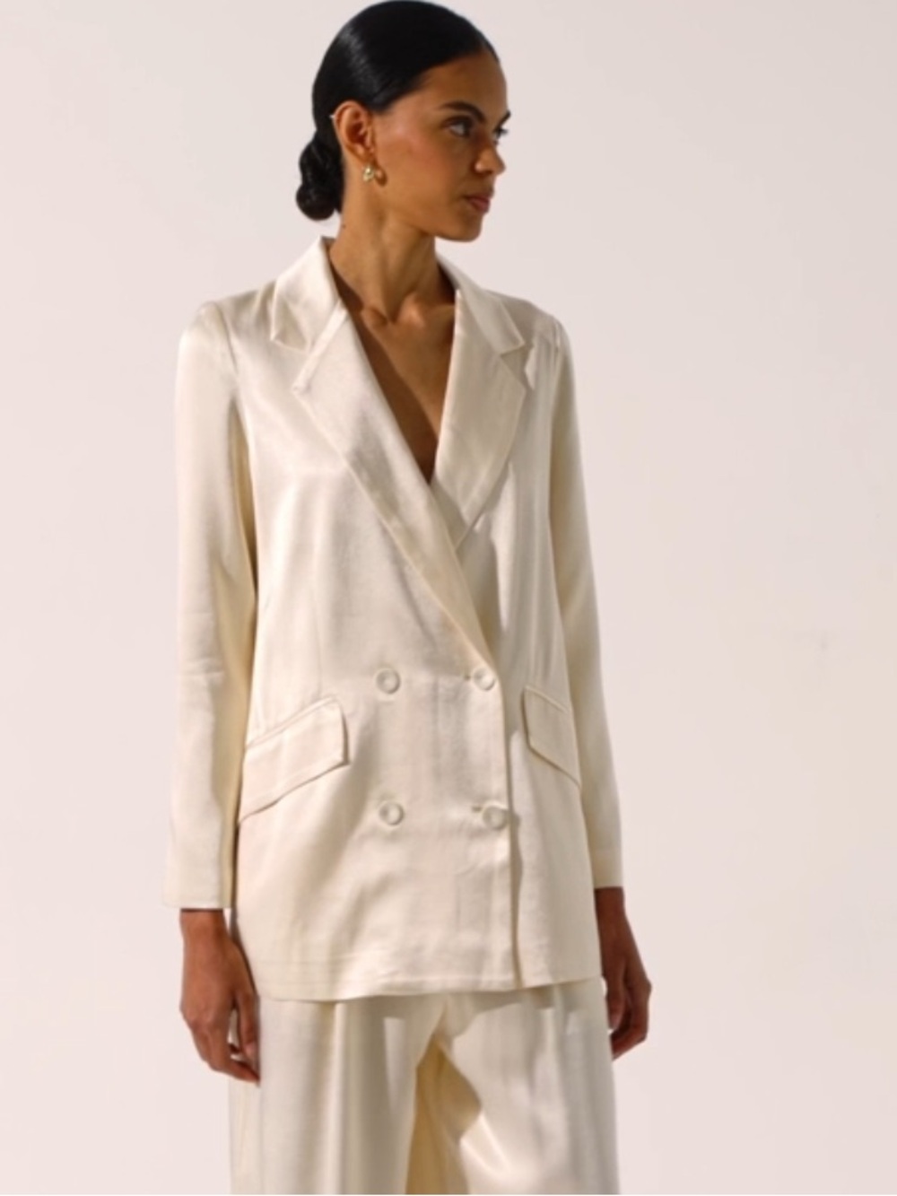 Shona Joy Cream Double-Breasted Satin Blazer NWT